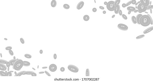 Russian ruble coins falling. Scattered black and white RUB floating coins. Jackpot or success concept. Elegant wide corners vector illustration.