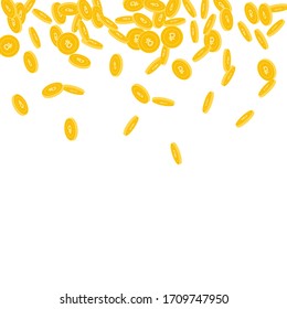 Monedas rusas de rublos cayendo. Monedas pequeñas de goma dispersas sobre fondo blanco. Dibujo vectorial de gradiente superior de dispersión. Acumulado o concepto de éxito.