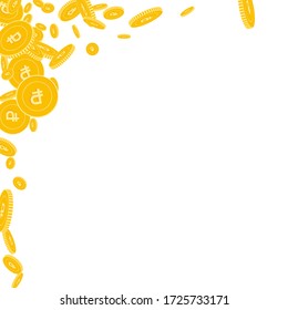 Russian ruble coins falling. Scattered floating RUB coins on white background. Amusing abstract left top corner vector illustration. Jackpot or success concept.
