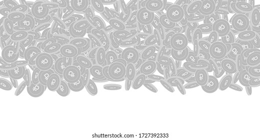 Russian ruble coins falling. Scattered black and white RUB big coins. Jackpot or success concept. Fine wide top gradient vector illustration.