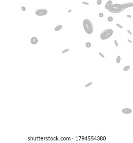 Russian ruble coins falling. Scattered black and white RUB disorderly coins. Jackpot or success concept. Exotic scattered top right corner vector illustration.