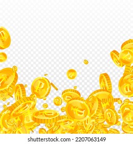Russian ruble coins falling. Scattered gold RUB coins. Russia money. Jackpot wealth or success concept. Square vector illustration.