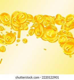 Russian ruble coins falling. Scattered gold RUB coins. Russia money. Jackpot wealth or success concept. Square vector illustration.