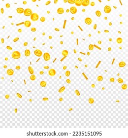 Russian ruble coins falling. Scattered gold RUB coins. Russia money. Great business success concept. Square vector illustration.