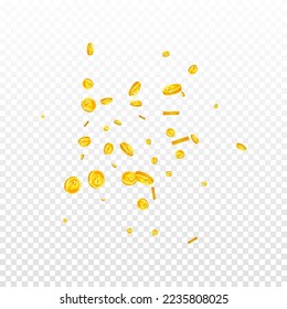 Monedas rusas de rublos cayendo. Monedas de oro dispersas en el FRU. Dinero ruso. El concepto de riqueza o éxito del bote. Ilustración vectorial cuadrada.