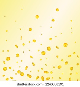 Russian ruble coins falling. Scattered gold RUB coins. Russia money. Global financial crisis concept. Square vector illustration.