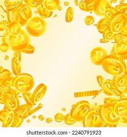 Russian ruble coins falling. Scattered gold RUB coins. Russia money. Great business success concept. Square vector illustration.