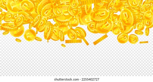 Monedas rusas de rublos cayendo. Monedas de oro dispersas en el FRU. Dinero ruso. El concepto de riqueza o éxito del bote. Ilustración vectorial amplia.
