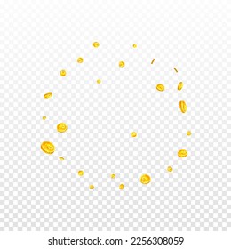 Russian ruble coins falling. Scattered gold RUB coins. Russia money. Global financial crisis concept. Square vector illustration.