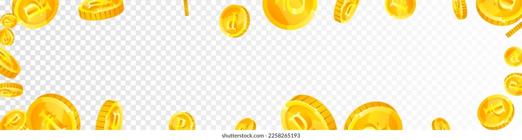 Russian ruble coins falling. Scattered gold RUB coins. Russia money. Jackpot wealth or success concept. Panoramic vector illustration.
