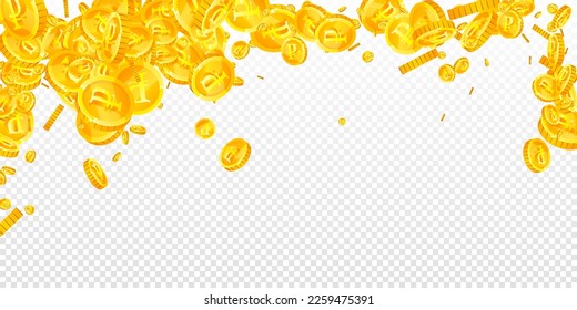 Russian ruble coins falling. Scattered gold RUB coins. Russia money. Great business success concept. Wide vector illustration.