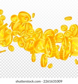 Russian ruble coins falling. Scattered gold RUB coins. Russia money. Global financial crisis concept. Square vector illustration.