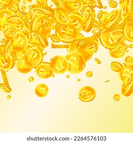 Monedas rusas de rublos cayendo. Monedas de oro dispersas en el FRU. Dinero ruso. Concepto de crisis financiera global. Ilustración vectorial cuadrada.