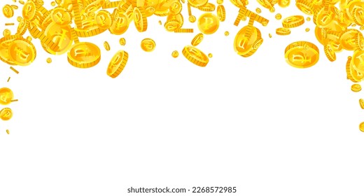 Monedas rusas de rublos cayendo. Monedas de oro dispersas en el FRU. Dinero ruso. El concepto de riqueza o éxito del bote. Ilustración vectorial amplia.