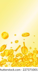 Monedas rusas de rublos cayendo. Monedas de oro dispersas en el FRU. Dinero ruso. Gran concepto de éxito empresarial. Ilustración vectorial.