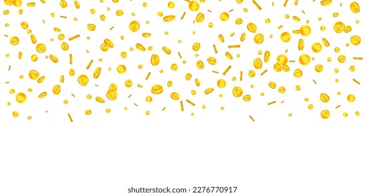 Russian ruble coins falling. Scattered gold RUB coins. Russia money. Jackpot wealth or success concept. Wide vector illustration.