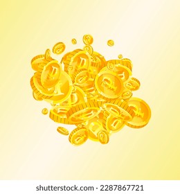 Russian ruble coins falling. Scattered gold RUB coins. Russia money. Great business success concept. Square vector illustration.