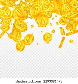 Russian ruble coins falling. Scattered gold RUB coins. Russia money. Global financial crisis concept. Square vector illustration.