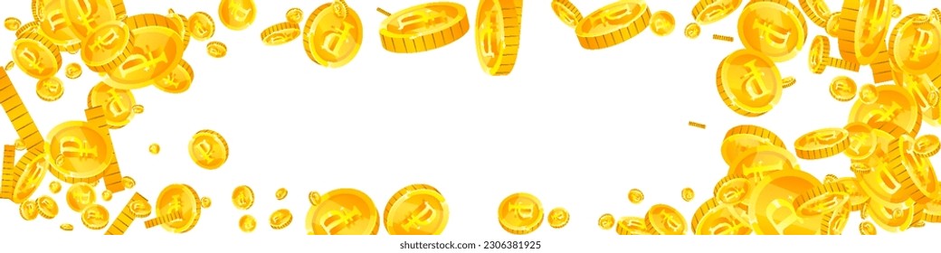 Monedas rusas de rublos cayendo. Monedas de oro dispersas en el FRU. Dinero ruso. Concepto de crisis financiera global. Ilustración de vector panorámica.