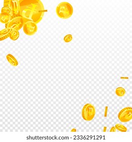 Russian ruble coins falling. Scattered gold RUB coins. Russia money. Jackpot wealth or success concept. Square vector illustration.