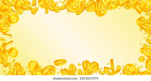 Monedas rusas de rublos cayendo. Monedas de oro dispersas en el FRU. Dinero ruso. Gran concepto de éxito empresarial. Ilustración vectorial amplia.
