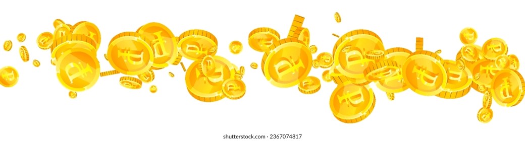 Monedas rusas de rublos cayendo. Monedas de oro dispersas en el FRU. Dinero ruso. El concepto de riqueza o éxito del bote. Ilustración de vector panorámica.