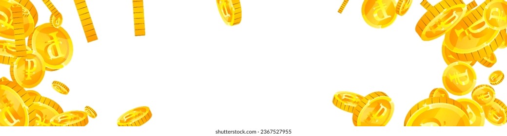 Russian ruble coins falling. Scattered gold RUB coins. Russia money. Global financial crisis concept. Panoramic vector illustration.