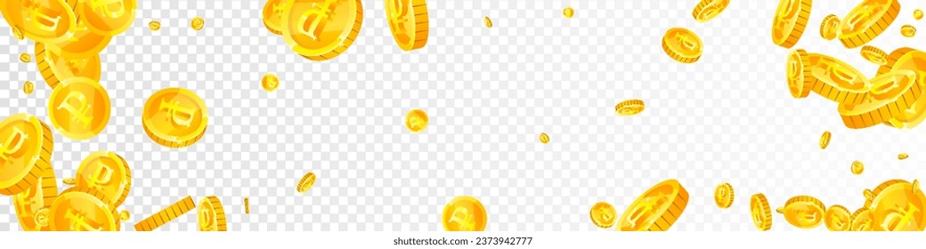 Russische Rubel-Münzen fallen. Geschlagene goldene RUB-Münzen. Russland Geld. Weltweites Konzept der Finanzkrise. Panoramavektorgrafik.