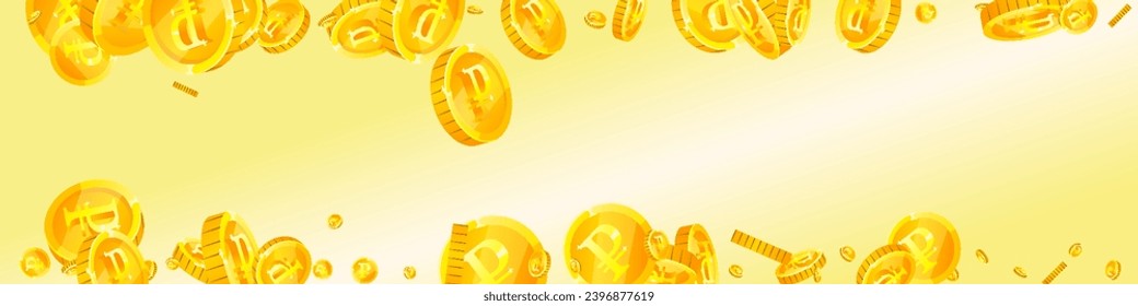 Monedas rusas de rublos cayendo. Monedas de oro dispersas en el FRU. Dinero ruso. El concepto de riqueza o éxito del bote. Ilustración de vector panorámica.