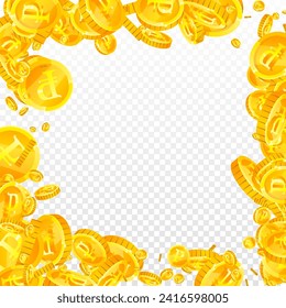 Russian ruble coins falling. Scattered gold RUB coins. Russia money. Jackpot wealth or success concept. Square vector illustration.