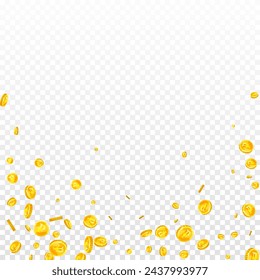 Russian ruble coins falling. Scattered gold RUB coins. Russia money. Global financial crisis concept. Square vector illustration.