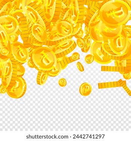 Caen monedas rusas en rublos. Monedas dispersas de oro RUB. Dinero ruso. Gran concepto de éxito empresarial. Ilustración de vector cuadrado.