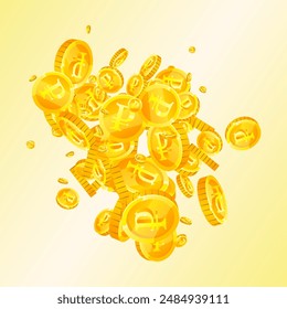 Russian ruble coins falling. Scattered gold RUB coins. Russia money. Jackpot wealth or success concept. Square vector illustration.