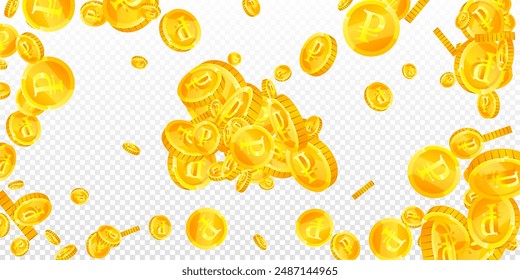 Russian ruble coins falling. Scattered gold RUB coins. Russia money. Jackpot wealth or success concept. Wide vector illustration.