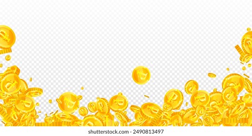 Russian ruble coins falling. Scattered gold RUB coins. Russia money. Jackpot wealth or success concept. Wide vector illustration.