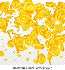 Russian ruble coins falling. Scattered gold RUB coins. Russia money. Global financial crisis concept. Square vector illustration.