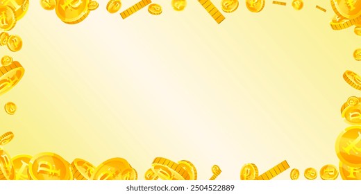 Russian ruble coins falling. Scattered gold RUB coins. Russia money. Great business success concept. Wide vector illustration.