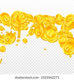 Russian ruble coins falling. Scattered gold RUB coins. Russia money. Jackpot wealth or success concept. Square vector illustration.