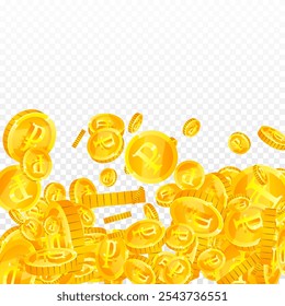 Russian ruble coins falling. Scattered gold RUB coins. Russia money. Global financial crisis concept. Square vector illustration.