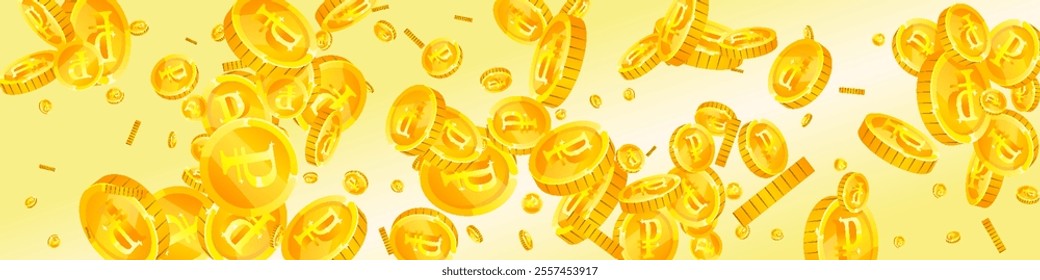 Russian ruble coins falling. Scattered gold RUB coins. Russia money. Jackpot wealth or success concept. Panoramic vector illustration.