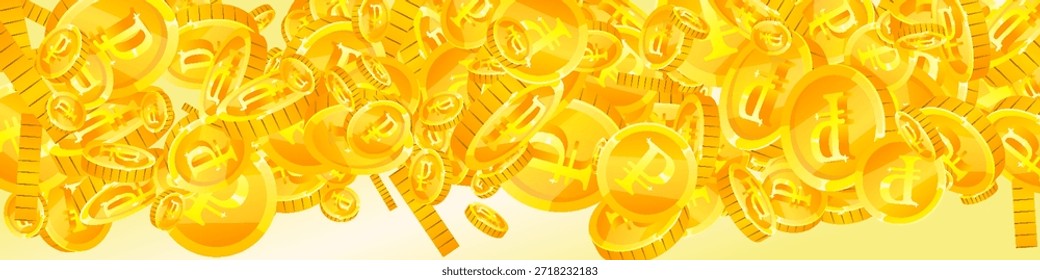Russian ruble coins falling. Scattered gold RUB coins. Russia money. Global financial crisis concept. Panoramic vector illustration.