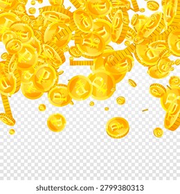 Russian ruble coins falling. Scattered gold RUB coins. Russia money. Great business success concept. Square vector illustration.