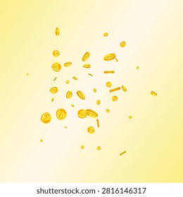 Russian ruble coins falling. Scattered gold RUB coins. Russia money. Jackpot wealth or success concept. Square vector illustration.