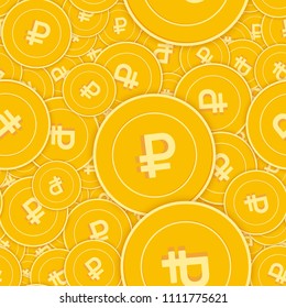 Russian ruble coins seamless pattern. Eminent scattered RUB coins. Big win or success concept. Russia scattered shadow money pattern. Coin tile vector illustration.