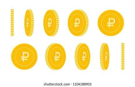 Russian ruble coins set, animation ready. RUB yellow coins rotation. Russia metal money in different positions isolated. Fabulous cartoon vector illustration.