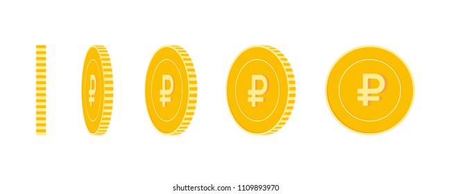 Russian ruble coins set, animation ready. RUB yellow coins rotation. Russia metal money in different positions isolated. Fantastic cartoon vector illustration.