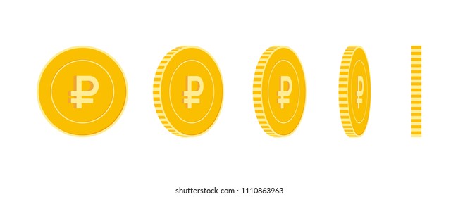 Russian ruble coins set, animation ready. RUB yellow coins rotation. Russia metal money in different positions isolated. Fascinating cartoon vector illustration.