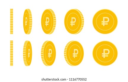 Russian ruble coins set, animation ready. RUB yellow coins rotation. Russia metal money in different positions isolated. Extraordinary cartoon vector illustration.