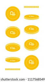 Russian ruble coins set, animation ready. RUB yellow coins rotation. Russia metal money in different positions isolated. Fancy cartoon vector illustration.