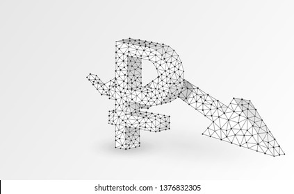 Russian Ruble currency, Downtrend arrow, digital origami 3d illustration. Polygonal Vector business crisis, crash, data cash, finance concept. Low poly wireframe, triangle, line, dot. White background